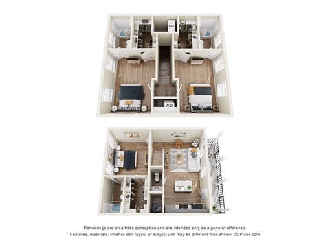 Floor plan for 3 beds, 3.5 baths, 1291 sqft